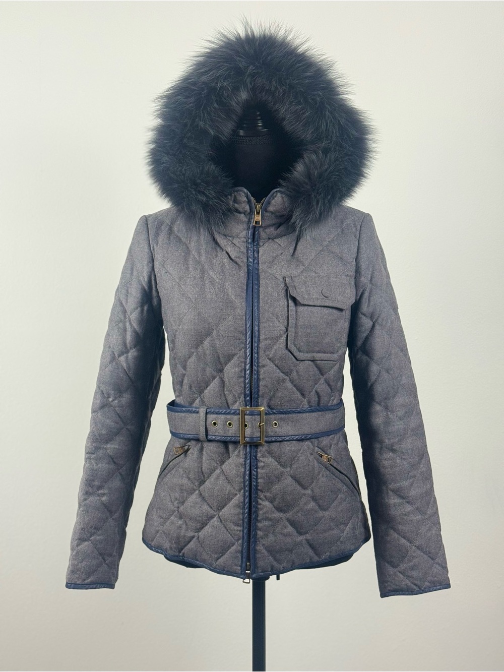 Cerruti 1881 Women’s Wool Down Quilted Jacket Belted Fur Hood Gray